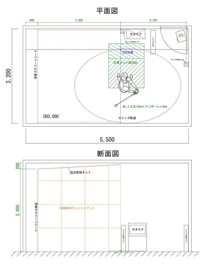 図面例：幅3.2m×奥行5.5mの平面図・断面図
